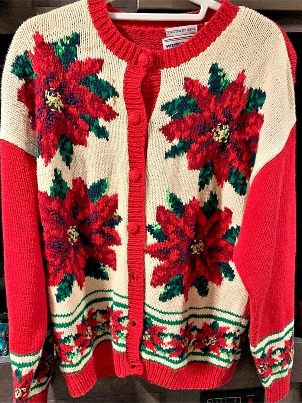 Westbound Poinsettia Christmas Cardigan Sweater Floral Red & Cream Large